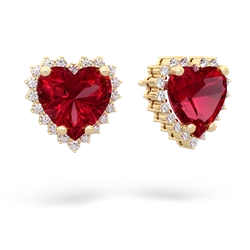 Lab Ruby Sparkling Halo Heart 14K Yellow Gold earrings E0391