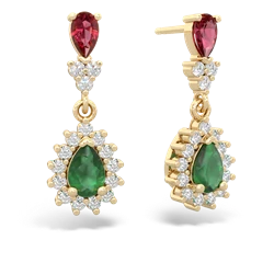 Lab Ruby Halo Pear Dangle 14K Yellow Gold earrings E1882