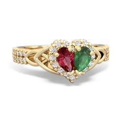 Lab Ruby Celtic Knot Two Hearts As One 14K Yellow Gold ring R2644HRT