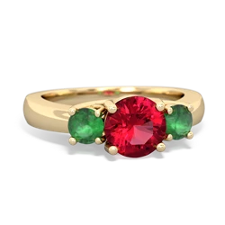 Lab Ruby Three Stone Round Trellis 14K Yellow Gold ring R4018