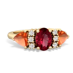 Lab Ruby Antique Style Three Stone 14K Yellow Gold ring R2186