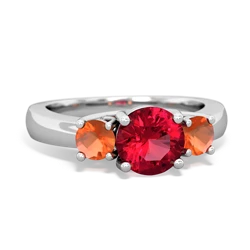 Lab Ruby Three Stone Round Trellis 14K White Gold ring R4018