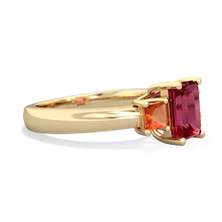 Lab Ruby Three Stone Emerald-Cut Trellis 14K Yellow Gold ring R4021