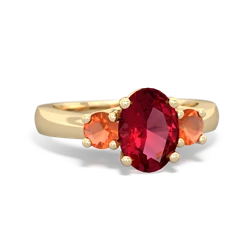 Lab Ruby Three Stone Oval Trellis 14K Yellow Gold ring R4024