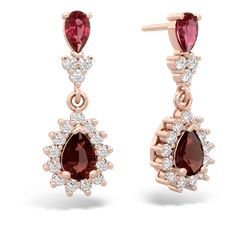 Lab Ruby Halo Pear Dangle 14K Rose Gold earrings E1882