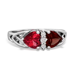 Lab Ruby Celtic Knot Double Heart 14K White Gold ring R5040