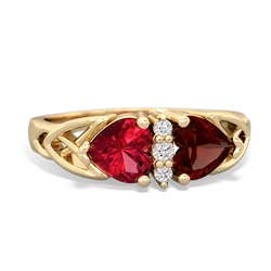 Lab Ruby Celtic Knot Double Heart 14K Yellow Gold ring R5040