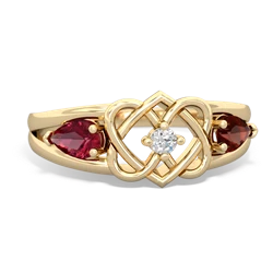 Lab Ruby Hearts Intertwined 14K Yellow Gold ring R5880