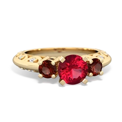 Lab Ruby Art Deco Eternal Embrace Engagement 14K Yellow Gold ring C2003