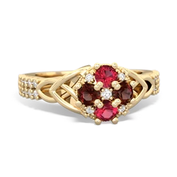 Lab Ruby Celtic Knot Cluster Engagement 14K Yellow Gold ring R26443RD