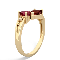 Lab Ruby Snuggling Hearts 14K Yellow Gold ring R2178