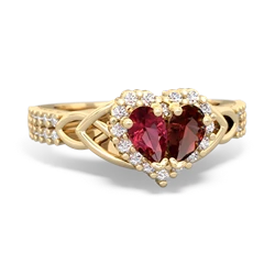 Lab Ruby Celtic Knot Two Hearts As One 14K Yellow Gold ring R2644HRT