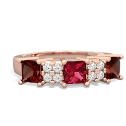 Lab Ruby Three Stone Diamond Cluster 14K Rose Gold ring R2592