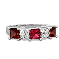 Lab Ruby Three Stone Diamond Cluster 14K White Gold ring R2592