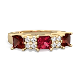 Lab Ruby Three Stone Diamond Cluster 14K Yellow Gold ring R2592