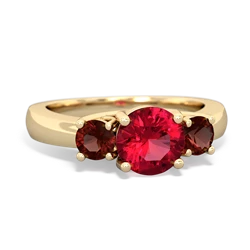 Lab Ruby Three Stone Round Trellis 14K Yellow Gold ring R4018