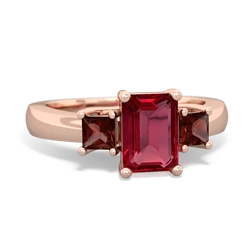 Lab Ruby Three Stone Emerald-Cut Trellis 14K Rose Gold ring R4021