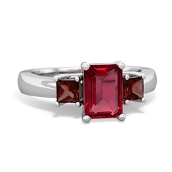 Lab Ruby Three Stone Emerald-Cut Trellis 14K White Gold ring R4021