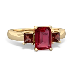 Lab Ruby Three Stone Emerald-Cut Trellis 14K Yellow Gold ring R4021