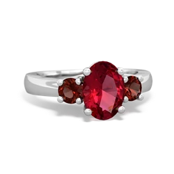 Lab Ruby Three Stone Oval Trellis 14K White Gold ring R4024