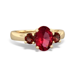 Lab Ruby Three Stone Oval Trellis 14K Yellow Gold ring R4024