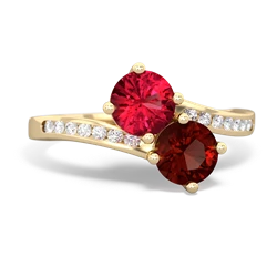 Lab Ruby Channel Set Two Stone 14K Yellow Gold ring R5303