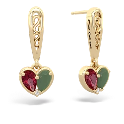 Lab Ruby Filligree Heart 14K Yellow Gold earrings E5070