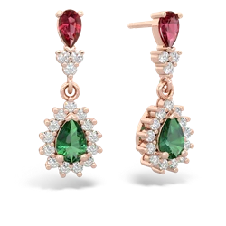 Lab Ruby Halo Pear Dangle 14K Rose Gold earrings E1882