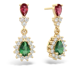 Lab Ruby Halo Pear Dangle 14K Yellow Gold earrings E1882