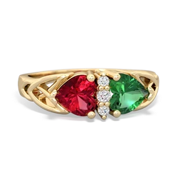 Lab Ruby Celtic Knot Double Heart 14K Yellow Gold ring R5040