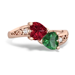 Lab Ruby Snuggling Hearts 14K Rose Gold ring R2178