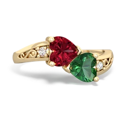 Lab Ruby Snuggling Hearts 14K Yellow Gold ring R2178