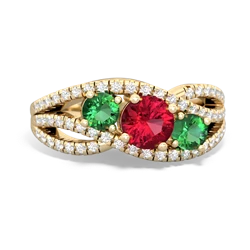 Lab Ruby Three Stone Aurora 14K Yellow Gold ring R3080