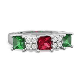 Lab Ruby Three Stone Diamond Cluster 14K White Gold ring R2592