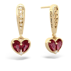 Lab Ruby Filligree Heart 14K Yellow Gold earrings E5070