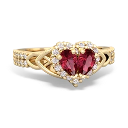 Lab Ruby Celtic Knot Two Hearts As One 14K Yellow Gold ring R2644HRT