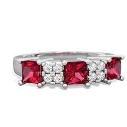 Lab Ruby Three Stone Diamond Cluster 14K White Gold ring R2592