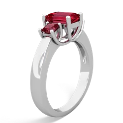 Lab Pink Sapphire Three Stone Emerald-Cut Trellis 14K White Gold ring R4021