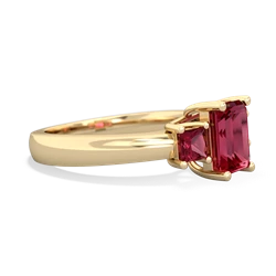 Lab Sapphire Three Stone Emerald-Cut Trellis 14K Yellow Gold ring R4021