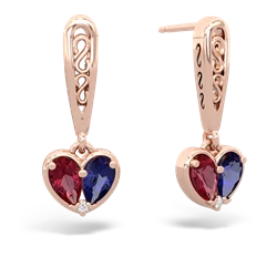 Lab Ruby Filligree Heart 14K Rose Gold earrings E5070