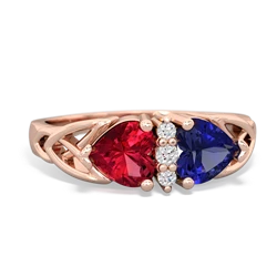 Lab Ruby Celtic Knot Double Heart 14K Rose Gold ring R5040