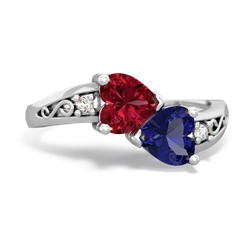 Lab Ruby Snuggling Hearts 14K White Gold ring R2178