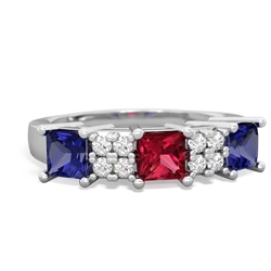 Lab Ruby Three Stone Diamond Cluster 14K White Gold ring R2592