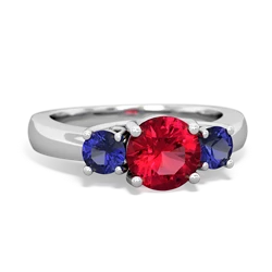 Lab Ruby Three Stone Round Trellis 14K White Gold ring R4018