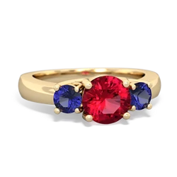 Lab Ruby Three Stone Round Trellis 14K Yellow Gold ring R4018