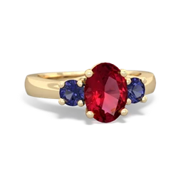 Lab Ruby Three Stone Oval Trellis 14K Yellow Gold ring R4024