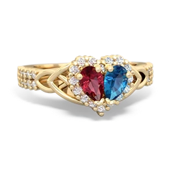 Lab Ruby Celtic Knot Two Hearts As One 14K Yellow Gold ring R2644HRT