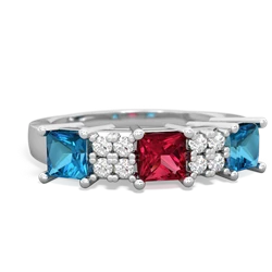 Lab Ruby Three Stone Diamond Cluster 14K White Gold ring R2592