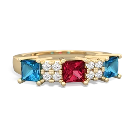 Lab Ruby Three Stone Diamond Cluster 14K Yellow Gold ring R2592