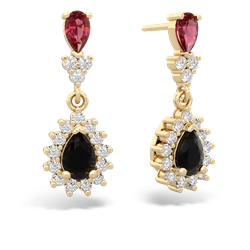 Lab Ruby Halo Pear Dangle 14K Yellow Gold earrings E1882